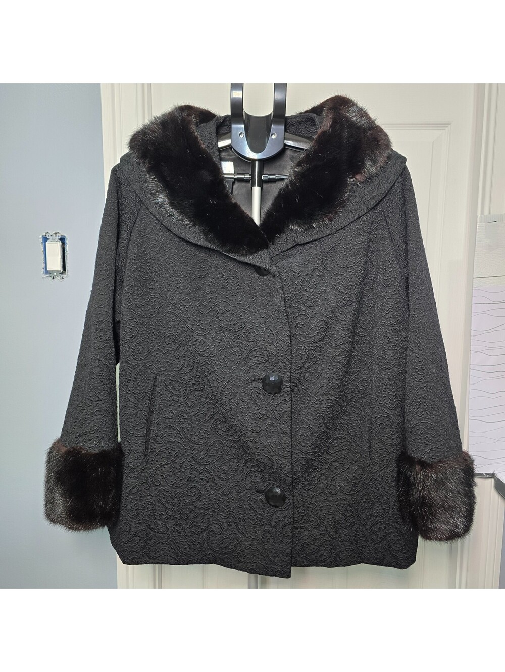 Vintage Jean Pierre French Coat Mink Fur Collar Black Brocade Womens XL